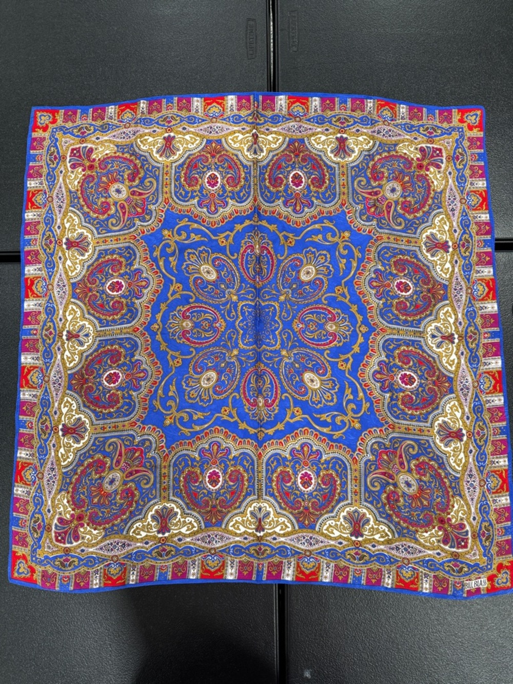 BILL BLASS  Blue Paisley Silk Square Scarf with Gold & Red Accents 31x31”